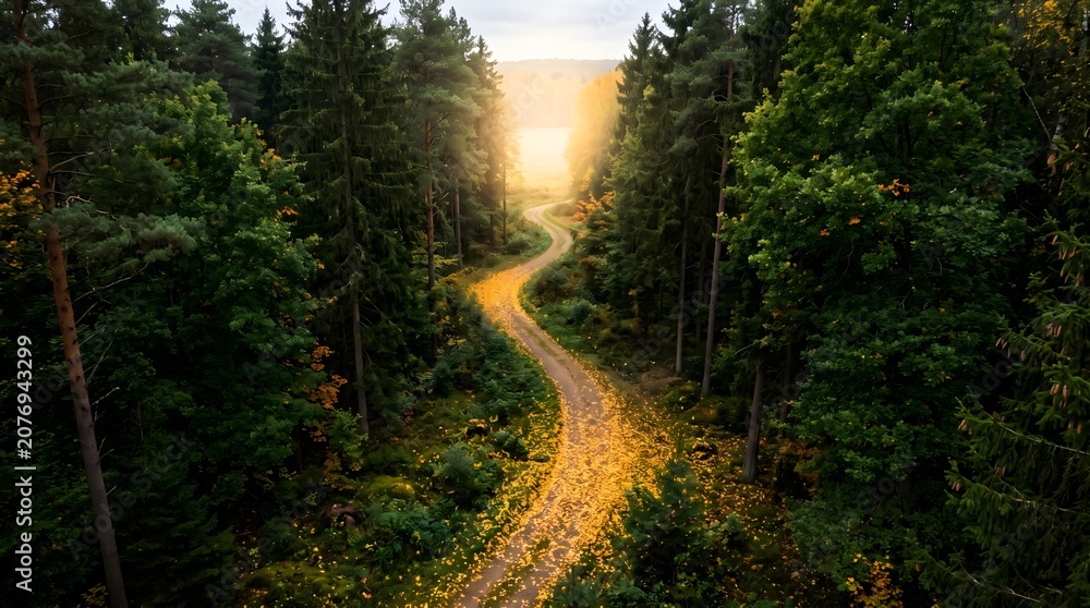 Naklejka premium Winding dirt road through a pine forest at sunset with landscape adventure sunlight wilderness perspective environment atmosphere