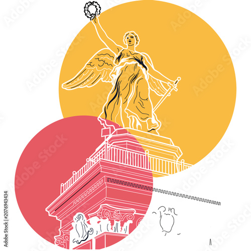 Winged statue with laurel wreath and sword on classical pedestal