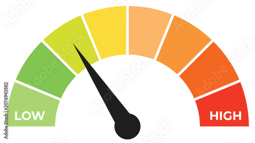 Performance level indicator gauge with low to high scale, business analytics measurement, risk assessment meter, vector illustration design
