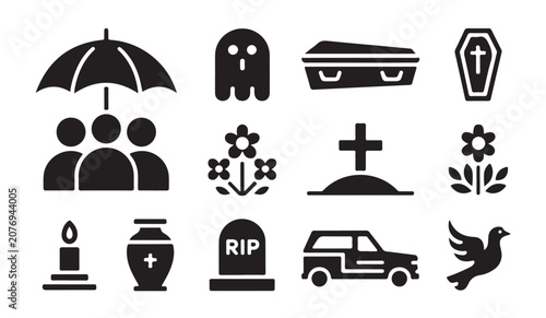 Canvas Print Memorial service and burial ceremony icons with coffin flower urn and mourning people
