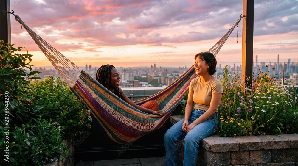 Fototapeta premium Two diverse female friends relaxing and laughing on urban rooftop garden with hammock and city skyline view at sunset for lifestyle and travel advertising
