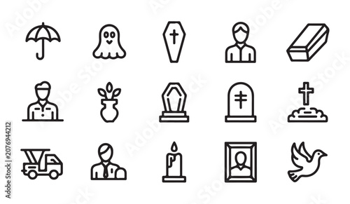 Quadro em tela Funeral and burial service icons including coffin grave portrait and candle line style