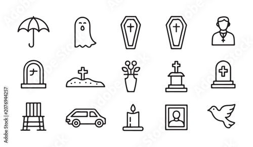 Obraz na plátně Funeral service and memorial icons set including coffin candle portrait dove line art