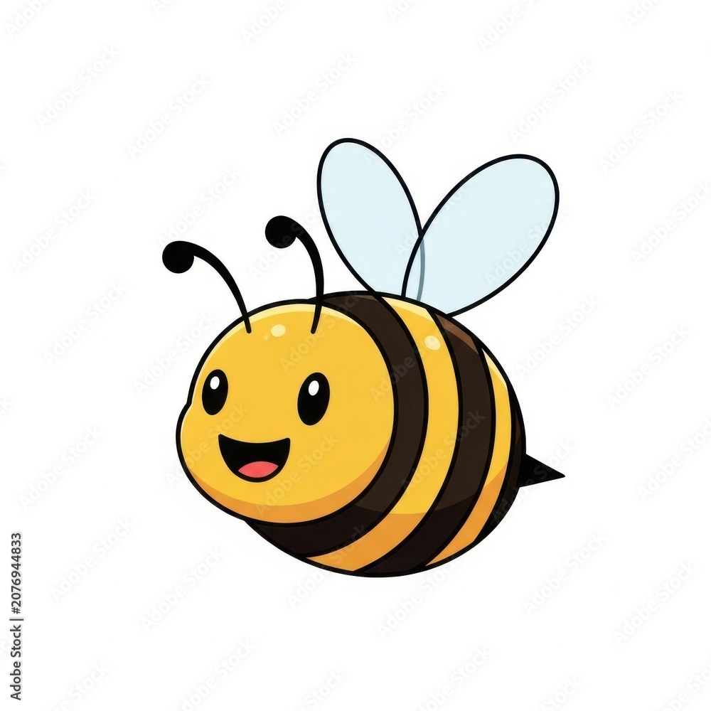 Fototapeta premium Cute cartoon bee flying and smiling, adorable bumblebee character illustration isolated on white background