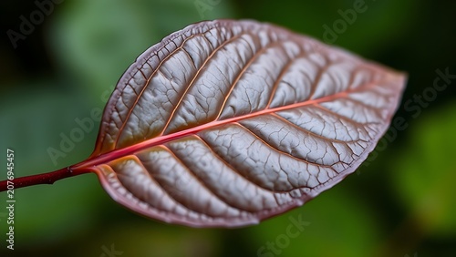 A detailed leathery camphor leaf with glossy veins on green.