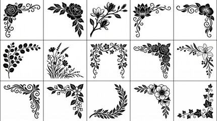Set of floral corner borders and decorative elements isolated on white background