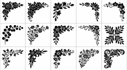 Set of floral corner ornaments isolated on white background