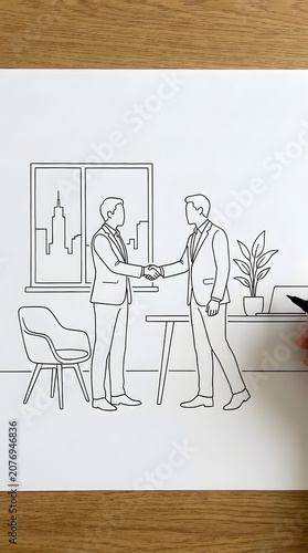 A Professional Business Partnership Handshake Drawing Illustrating A Successful Corporate Agreement In An Office Setting