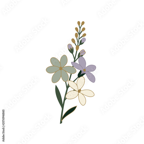 Flat illustration of a flowering branch with buds and leaves