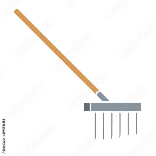 Flat illustration of a garden rake with wooden handle