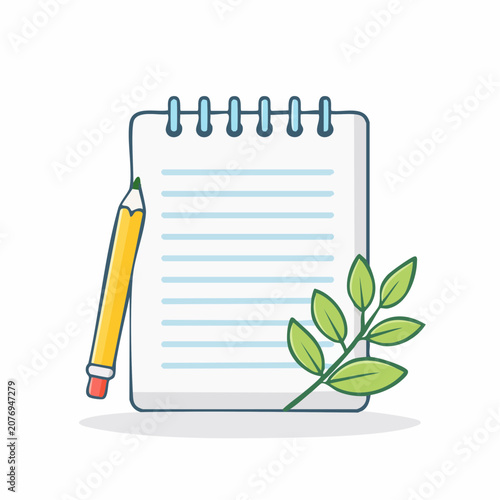 Notebook and Pencil with Green Leaves