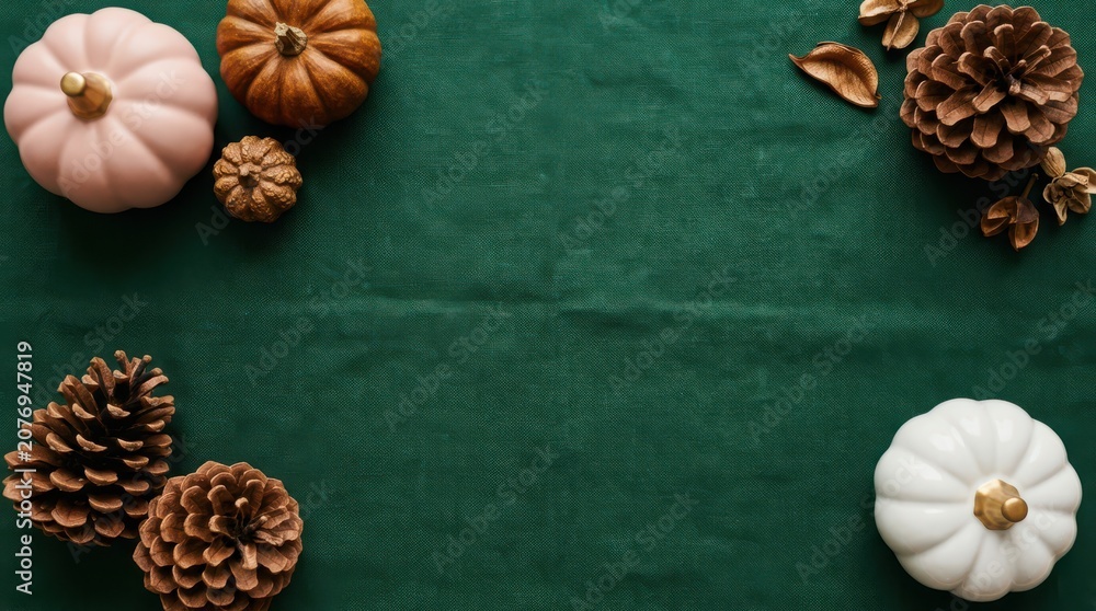Fototapeta premium Autumn flat lay with pumpkins and pinecones on a dark green linen background