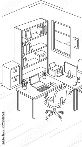Black and White Isometric Line Art Illustration Depicting a Clean Minimalist Modern Home Office Workspace Environment