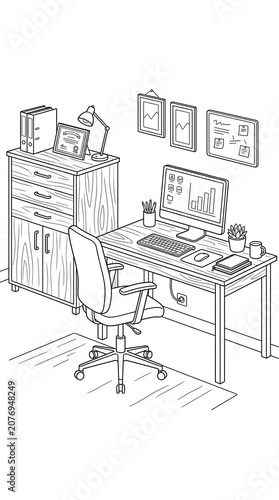 A Detailed Line Art Illustration Of A Modern Home Office Workspace Featuring A Computer Desk Chair And Storage Cabinet