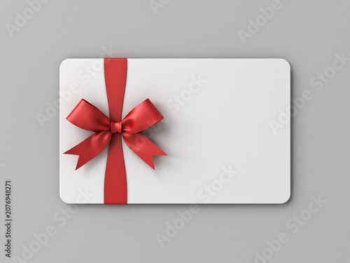 Blank white business gift card with red ribbon bow isolated on grey background with shadow minimal conceptual 3D rendering