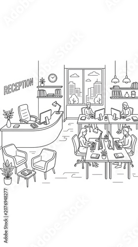 Professional Modern Office Workspace Interior Line Art Drawing Featuring A Reception Area And Busy Staff Working Together