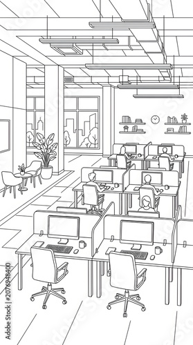Detailed Vector Line Art Illustration of an Open Plan Corporate Office Workspace with Employees Working at Desks