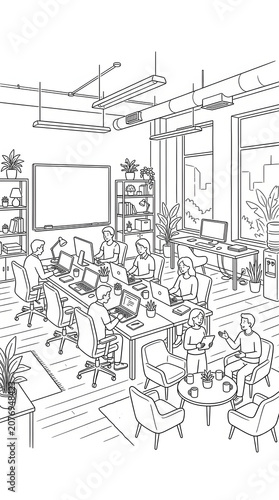 Hand drawn illustration of a busy modern open plan office workspace with professional employees collaborating together