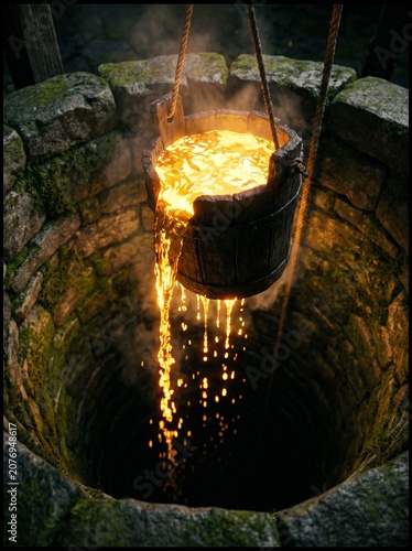 Dark wooden bucket pulled from a deep stone well overflowing with glowing liquid gold water, representing data mining and passive income streams.
