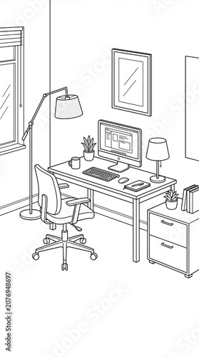 Modern minimalist home office workspace interior featuring a clean desk computer setup with comfortable chair and decor
