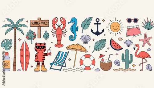 Flat vector summer sticker sheet with sunscreen bottle