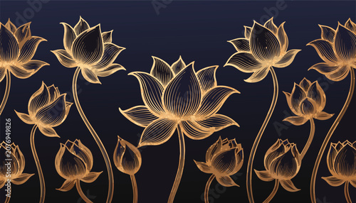 Stylized lotus flower illustration in golden hues on black background