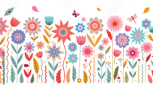 Wide panoramic vector illustration of abstract leaves and flowers