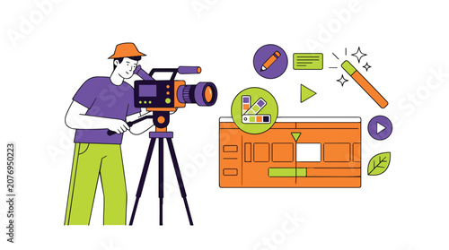 Video production specialist filming and editing content in modern flat vector illustration for media agency branding