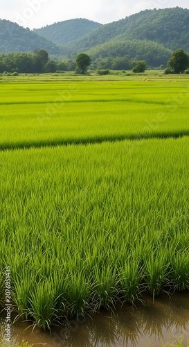 Serene green rice field with mountain backdrop.
