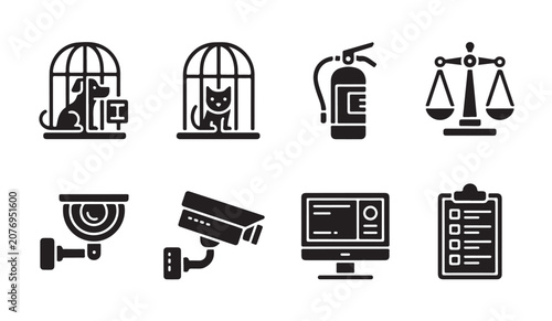 Foto Animal safety and legal protection vector icons pet cage security and justice