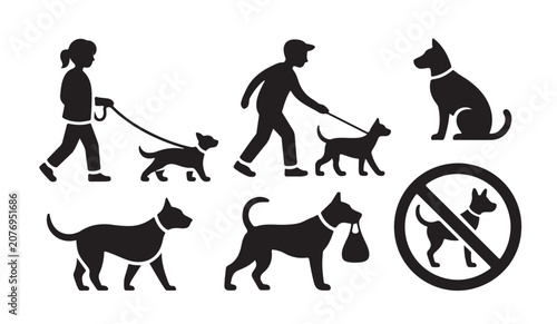 Tableau sur toile People walking dogs on leash, sitting dog, and no dogs allowed sign collection