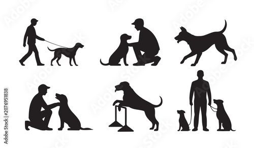 Tableau sur toile Dog training silhouettes with owners walking jumping over hurdles and obedience exercises