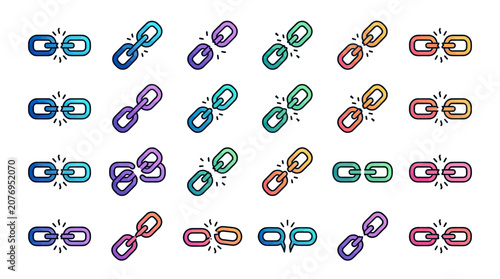 Collection of linked chain icons showing connection and breakage