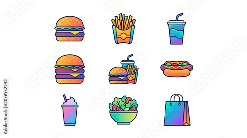 Colorful fast food icons set with drinks and salad