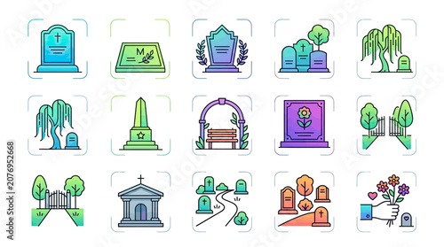 Cemetery monument and gravestone icon set with trees and archway elements