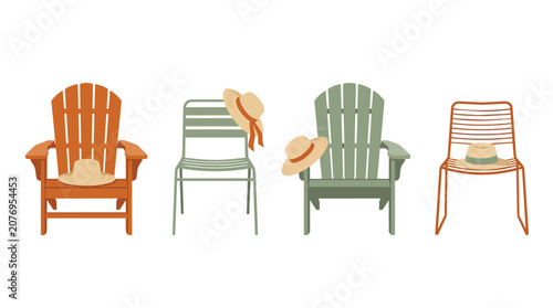 Patio furniture collection featuring garden chairs and straw hats in minimalist flat vector design for travel branding