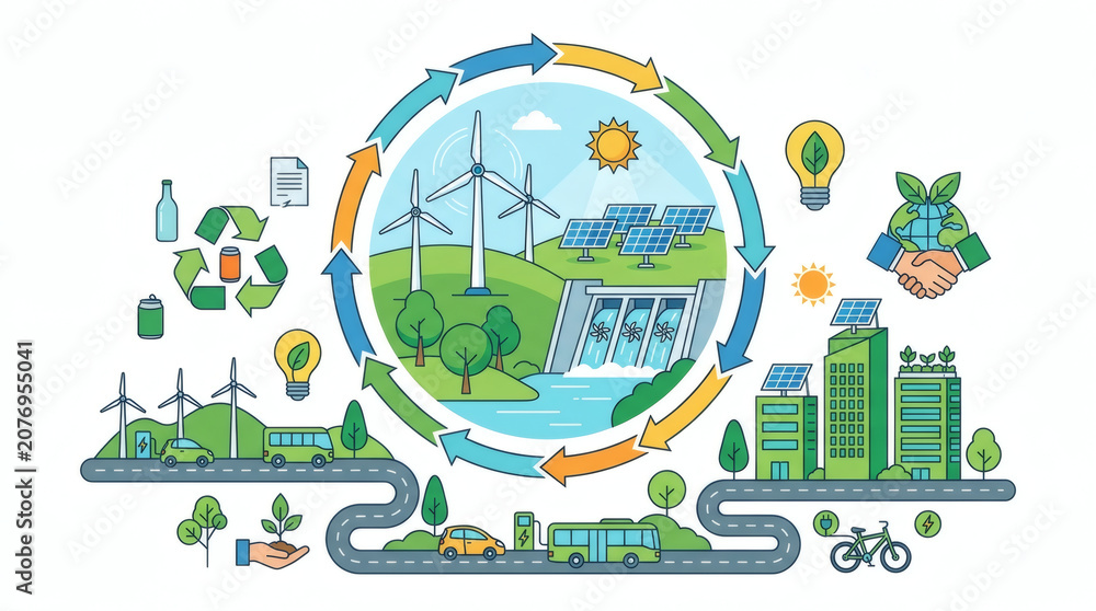 Fototapeta premium Eco-friendly energy solutions illustrated with wind turbines and solar panels