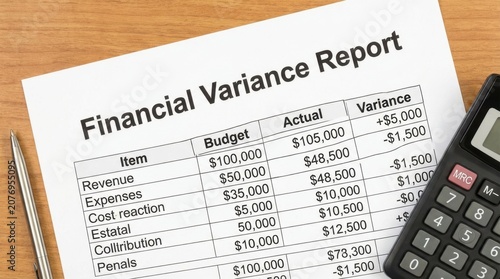 Financial Variance Report on Desk with Calculator.