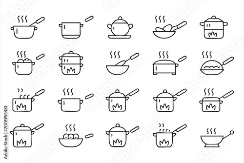 Εκτύπωση καμβά Modern Culinary Outline Icon Set Featuring Saucepans Frying Pans and Kitchen Equ