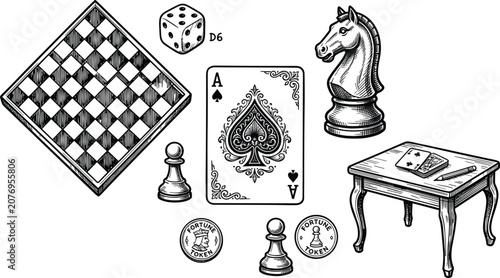 Tableau sur toile Board games and tabletop gaming illustration collection, chess cards dice symbol