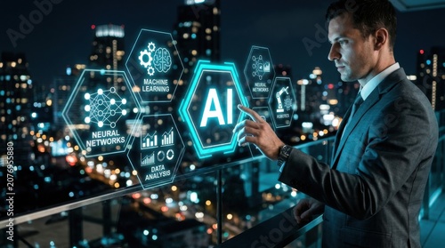 Businessman interacting with ai technology interface on a cityscape background