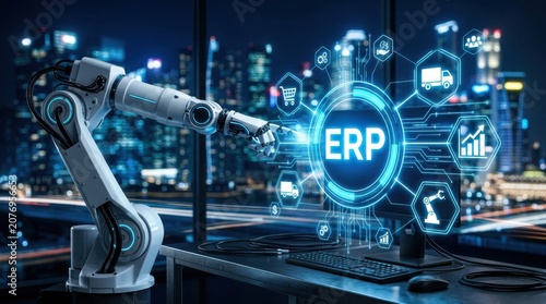 Enterprise resource planning concept with robotic arm and cityscape background