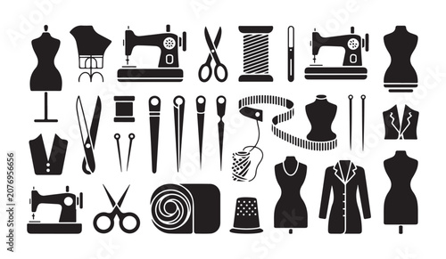 Fotografie Sewing and tailoring tools, clothes, and accessories in solid black silhouette