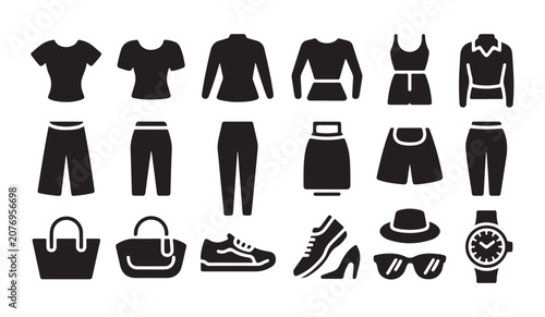 Foto Fashion clothing and accessories for men and women in solid black silhouettes