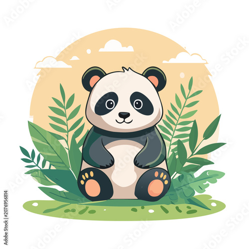 Cute cartoon panda sitting in nature scene