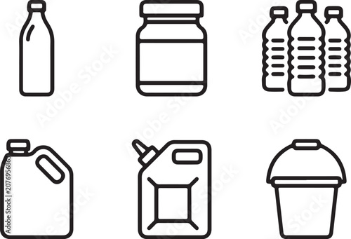 Icon set of various plastic container pack.