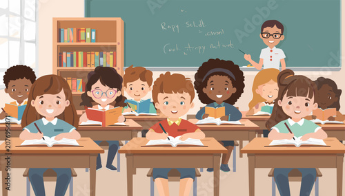 Cuadro en lienzo Diverse group of happy elementary school children learning in a classroom with their teacher