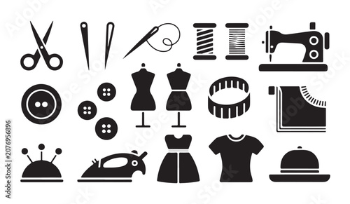 Fotografie Collection of sewing and dressmaking icons featuring needle thread scissors and buttons