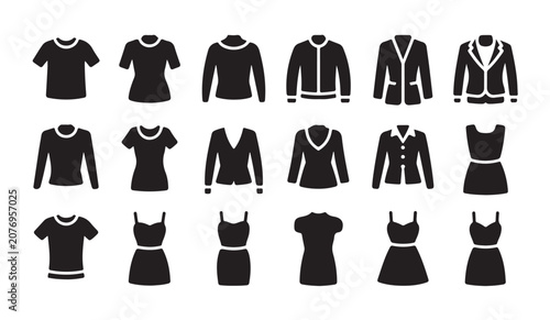 Woman fashion clothes vector icons set, simple elegant style, perfect for clothing stores.