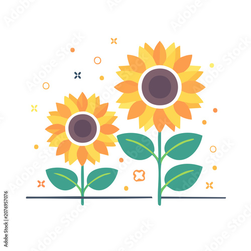 Flat Vector Illustration of Two Sunflowers with Leaves